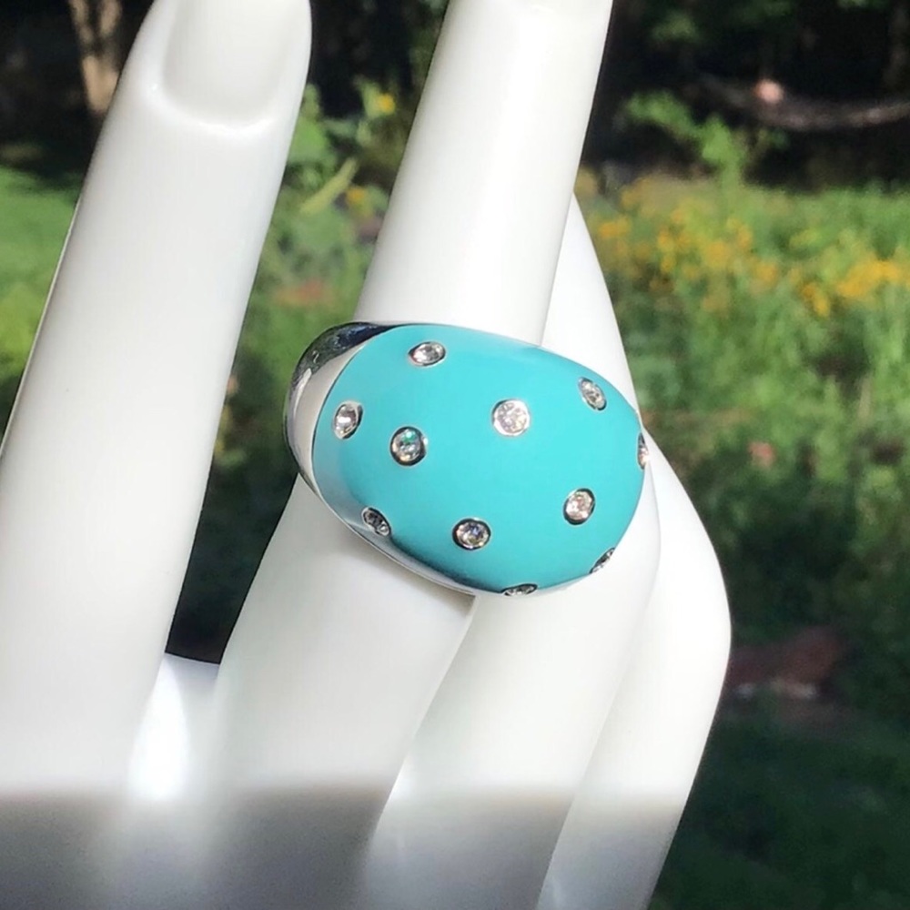 Coro Turquiose Robin Egg Blue enamel rhinestone silver ring